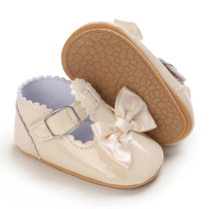 Khaki Baby Casual Shoes 0-18M Infant Toddler Bowknot Non-Slip Rubber Soft-Sole Flat PU First Walker Newborn Mary Janes