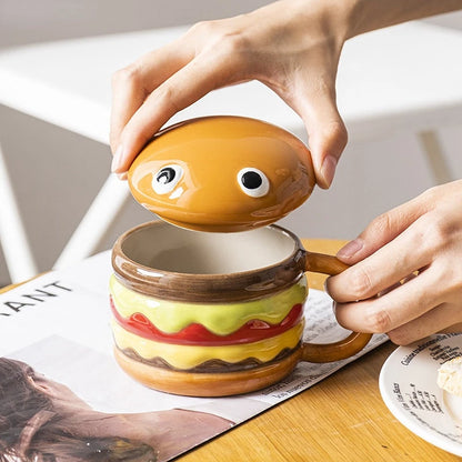 300ml (10 fl oz) Ceramic Hamburger Mug with Lid — Cute Cartoon Kids Coffee, Milk & Breakfast Cup