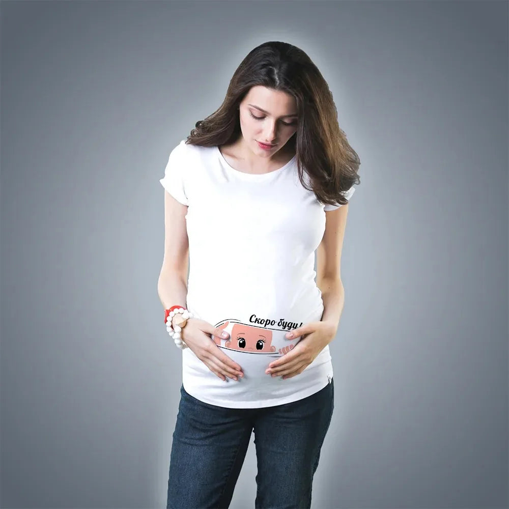 Fashionable Cute Baby Pregnancy T-Shirt for Women | Pure Cotton Printed Fun Summer Short Sleeve White Top
