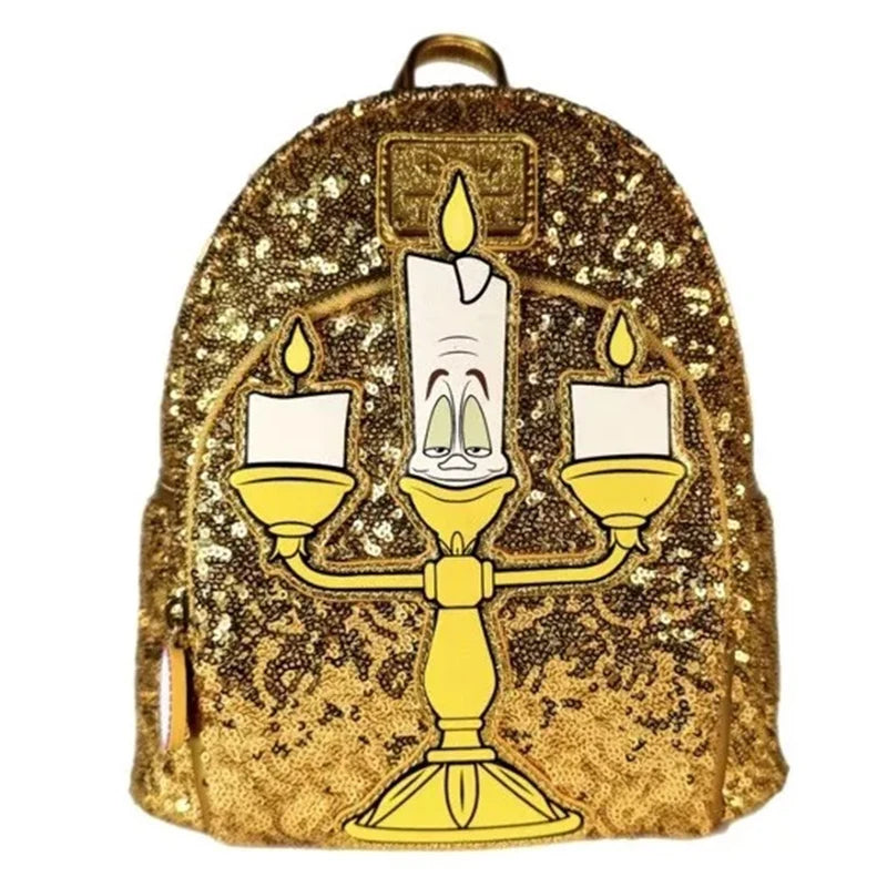 PU Leather Stitch Scrump Plush Mini Backpack – Beauty and the Beast Cogsworth Double Shoulder Bag