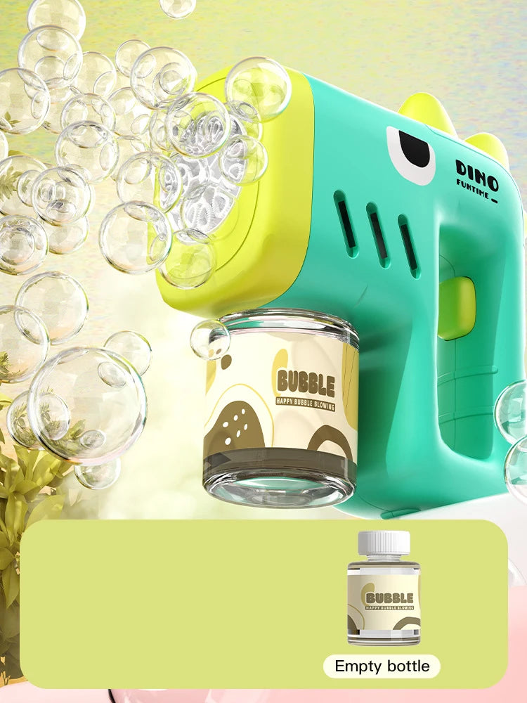 Dinosaur Bubble Machine — Automatic Battery-Powered Bubble Gun for Kids, LED Lights, 360° Rotating, Portable