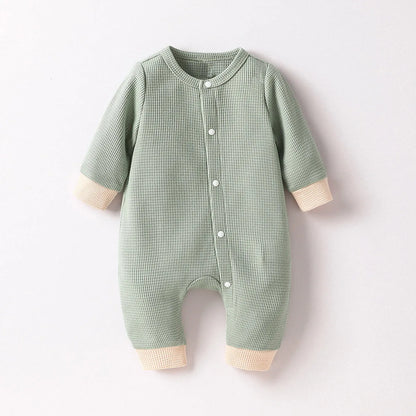 Baby Newborn Boys’ Long Sleeve Jumpsuit – Green Solid Waffle Casual Romper with Button (Spring/Autumn)