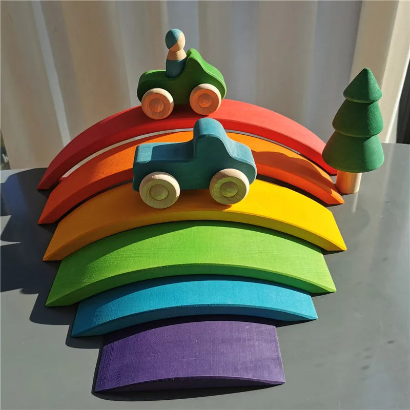 Wooden Montessori Rainbow Stacking Bridge with Cars and Trees