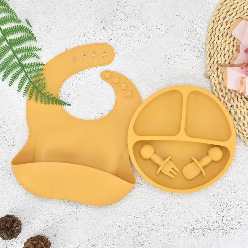 4Pcs Baby Safe Silicone Dining Plate Set - Cute Cartoon Smile Face Children Dishes, Retro Kids Tableware Set (BPA-Free)