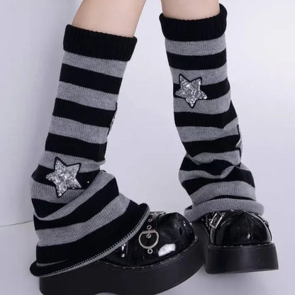 Y2K Punk Knitted Leg Warmers - Star Gothic Cross Harajuku Women Heart Two-Side Wear Loose Fit Leg Covers | JK Thigh High Lolita Socks