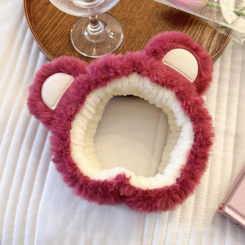 Strawberry Bear Plush Ear Face Wash Headband - Cute Cartoon Non-Slip Hairband for Women, Soft Cashmere