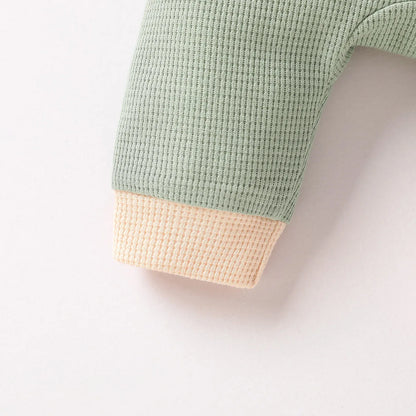 Baby Newborn Boys’ Long Sleeve Jumpsuit – Green Solid Waffle Casual Romper with Button (Spring/Autumn)