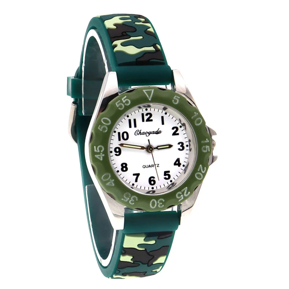 Luminous Hands Boys and Girls Fashion Camouflage Silicone Strap Quartz Digital Watch Waterproof for Kids and Students