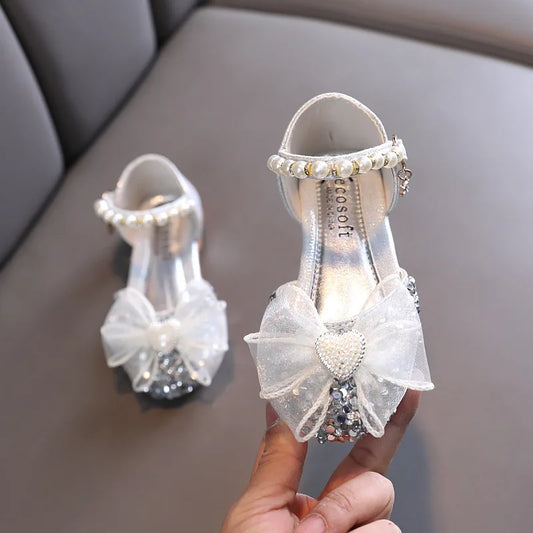 Summer Girls’ Sequin Lace Bow Princess Sandals – Baby Pearl Dance Show Shoes, Kids’ Soft Sole Sandals, Children’s Wedding Shoes