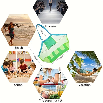 Large Mesh Beach Toy Bag With Blue & Green Side Pockets — Durable Seashell Collecting Tote For Sand Toys & Swimming