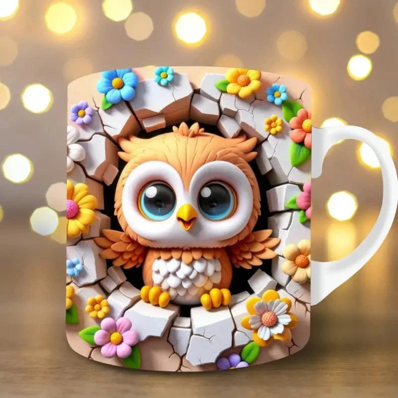 3D Owl Coffee Mug Wrap – 11 oz (350 ml) Ceramic Sublimation Tea & Milk Cup, Surprise Gift for Kids