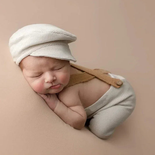 2Pcs Newborn Photography Outfit Set – Cap & Suspenders Studio Photo Props, Baby Hat & Overalls Accessories for Fotografia