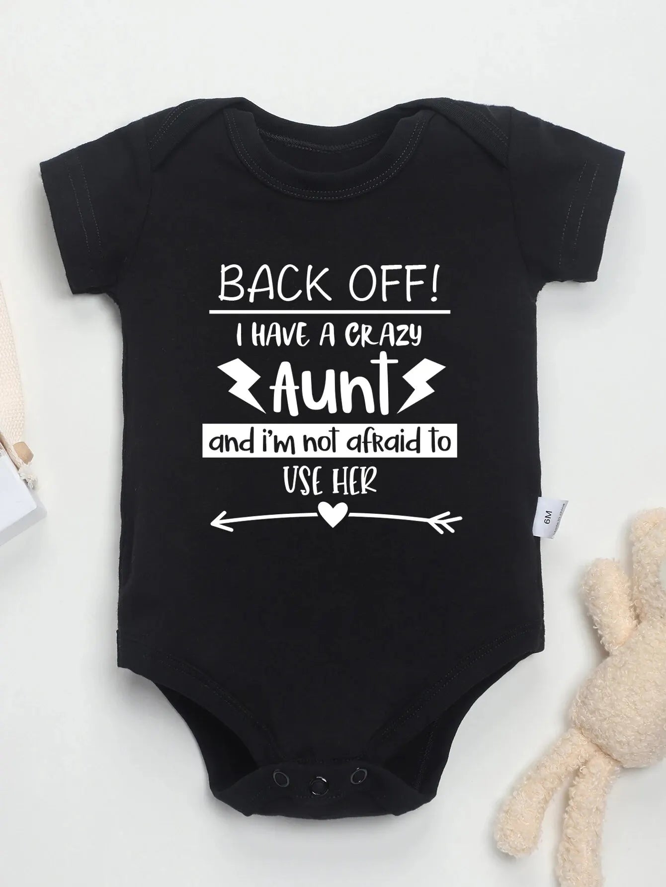 “Back Off! I Have a Crazy Aunt” – Funny Letter Print Baby Onesie, Short-Sleeve Bodysuit for Newborns & Infants