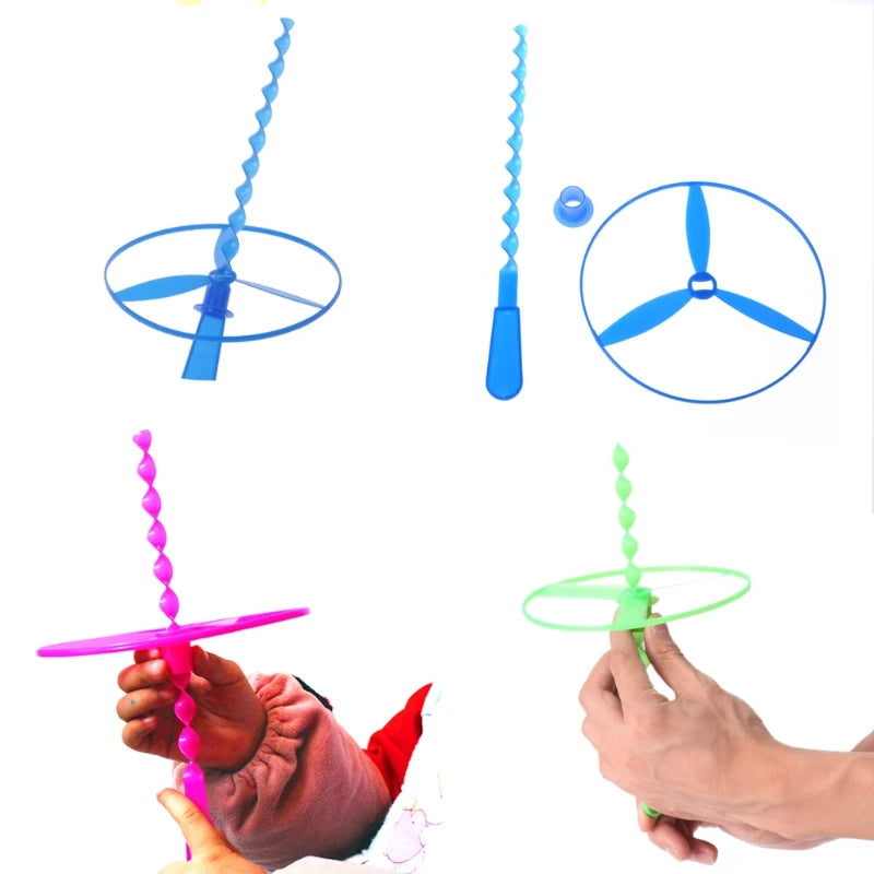 4-Pack Flying Saucer Launcher Toys with Handle — Assorted Colors, 5.12 in (13 cm) Disc | Hand-Whirled UFO Dragonfly Flyers for Kids