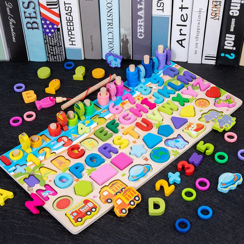 Montessori Wooden Math Toy – Busy Board with Counting, Shape, Color Matching, and Fishing Puzzle for Kids