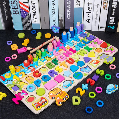 Montessori Wooden Math Toy – Busy Board with Counting, Shape, Color Matching, and Fishing Puzzle for Kids