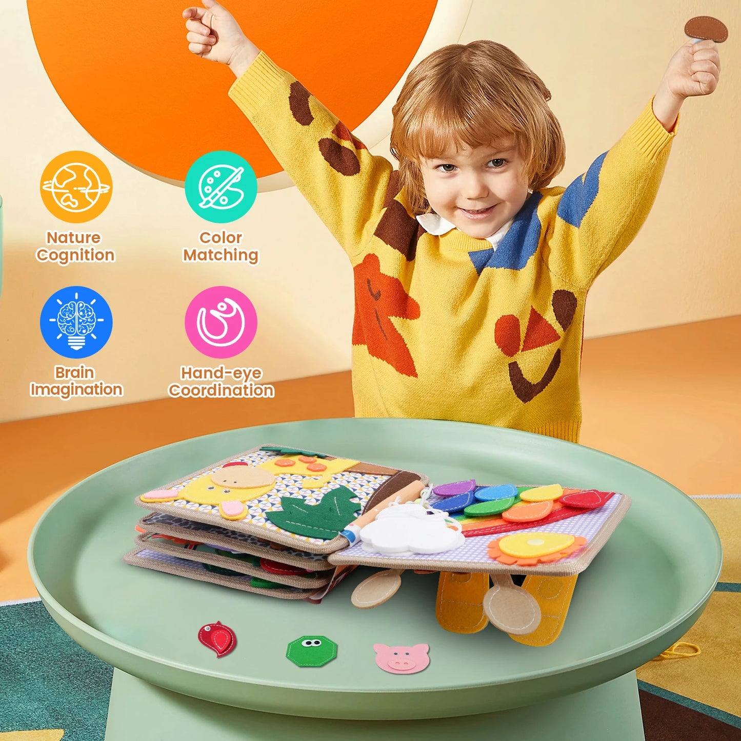 Montessori Busy Book for Kids - Color, Shape, Animal Cognition Early Education Toys, Giraffe Quiet Book, Fine Motor Skills Toys
