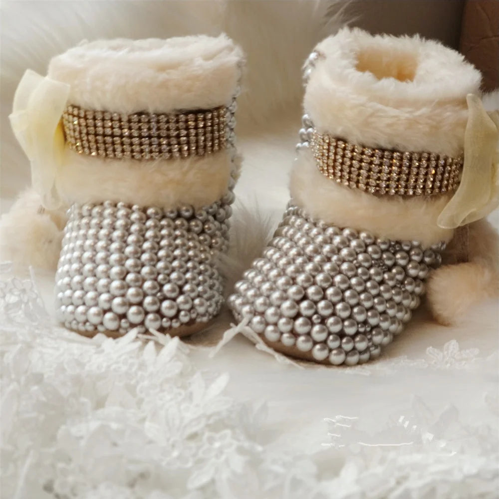 Dollbling Mommy & Daughter Custom Pearls Boots - Handmade Luxury Fur Infant Beaded Winter Booties