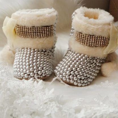 Dollbling Mommy & Daughter Custom Pearls Boots - Handmade Luxury Fur Infant Beaded Winter Booties