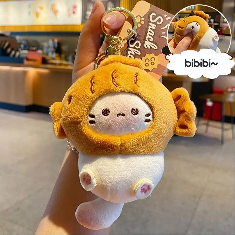 Plush Cocoa Cat Snapper Head Keychain, Cute Japanese Schoolbag Pendant Doll