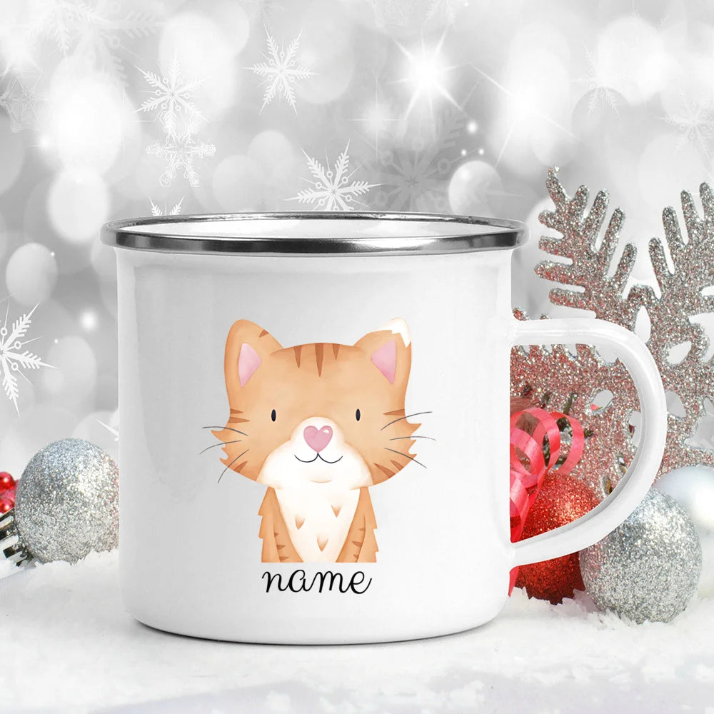 Personalized Kids Enamel Camping Mug — Forest Animals Children's Name Cup, Eco-Friendly Enamel Mug