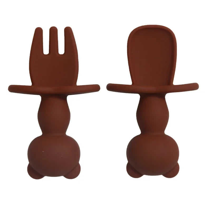 Food Grade Soft Silicone Baby Feeding Set – Cartoon Panda Mini Fork & Spoon for Toddlers – Safe Infant Training Utensils – Baby Accessories
