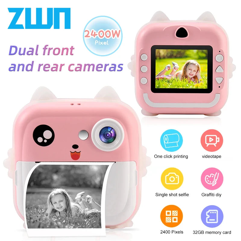 Kids Digital Camera Toy with Instant Thermal Print, 1080P HD Photo & Video, 32GB Memory Card