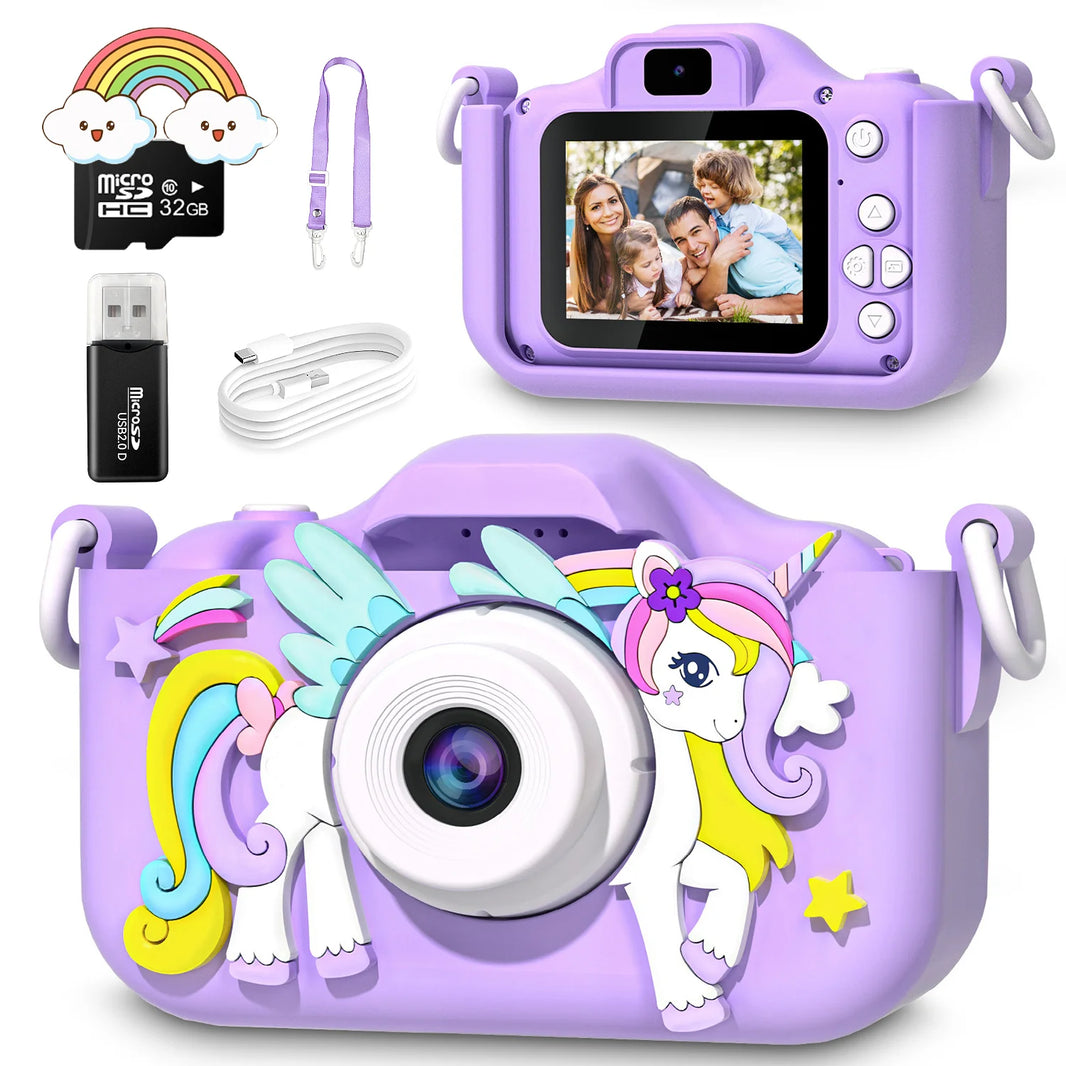 Kids Mini Cartoon Unicorn Camera Toy with 2-Inch Screen, 1080P HD Video, 32GB SD Card, Birthday Gift