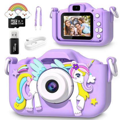 Kids Mini Cartoon Unicorn Camera Toy with 2-Inch Screen, 1080P HD Video, 32GB SD Card, Birthday Gift