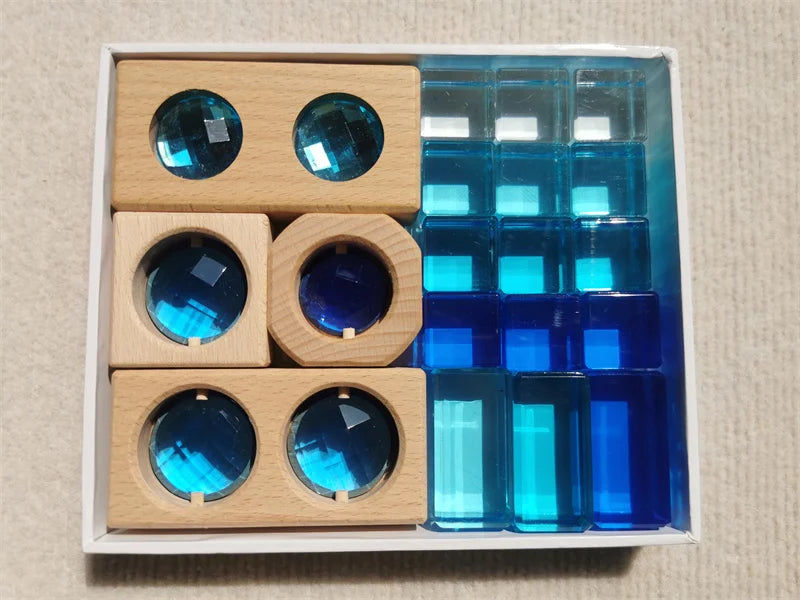 Wooden Montessori See-Through Blocks – Mixed Acrylic Gems Toy for Kids, Open Play Educational Toy