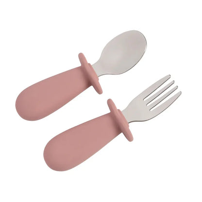 2PCS Baby Tableware Set – Stainless Steel Food Feeding Spoon & Fork, Silicone Handle Utensils for Infants & Toddlers, BPA-Free Cutlery Set