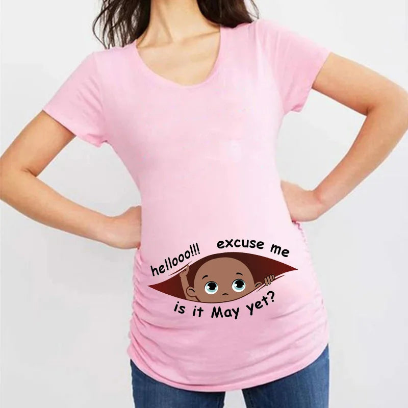 Summer January to December Peeking Baby Print Maternity T-Shirt | Funny Pregnancy Tops | Short Sleeve Pregnant Women Tees