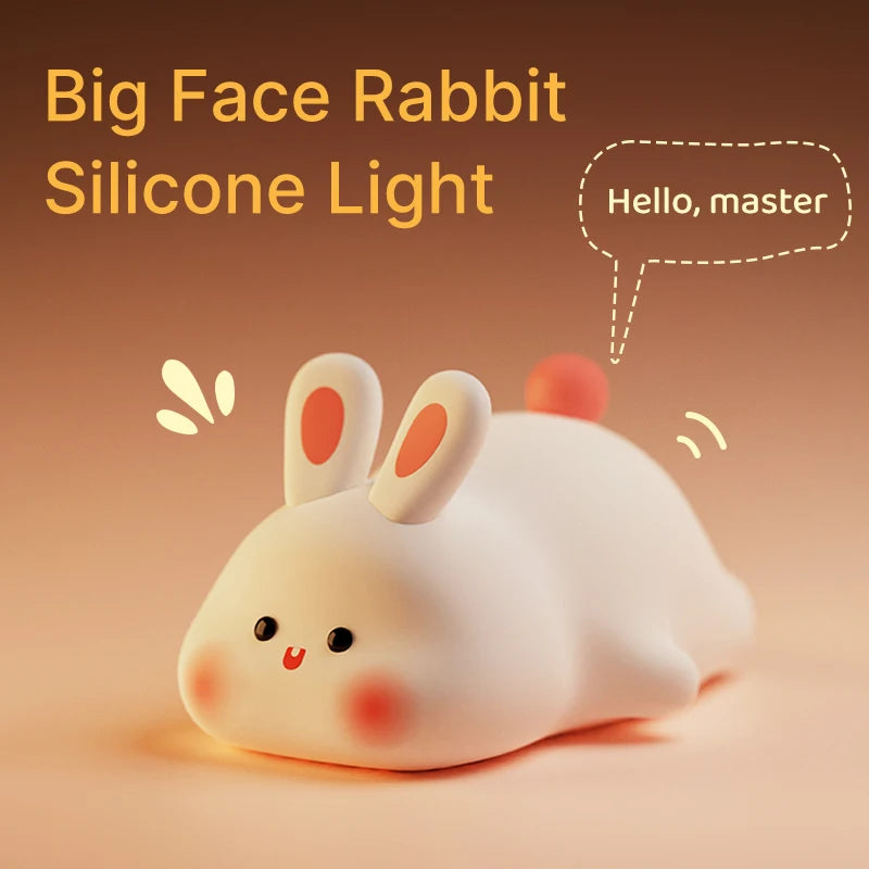 Cute Rabbit Silicone Night Light - Rechargeable Touch Sensor LED Lamp with USB & 30-Min Timer, Big-Face Kids Nightlight for Nursery & Party Decor