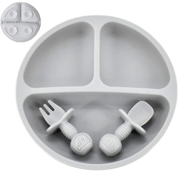 4Pcs Baby Safe Silicone Dining Plate Set - Cute Cartoon Smile Face Children Dishes, Retro Kids Tableware Set (BPA-Free)