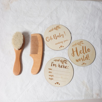 Baby Comb Brush Set - Newborn Gift Set with Natural Wool Beech Wooden Comb, Baby Bib, Pacifier Clip, and Hair Brush