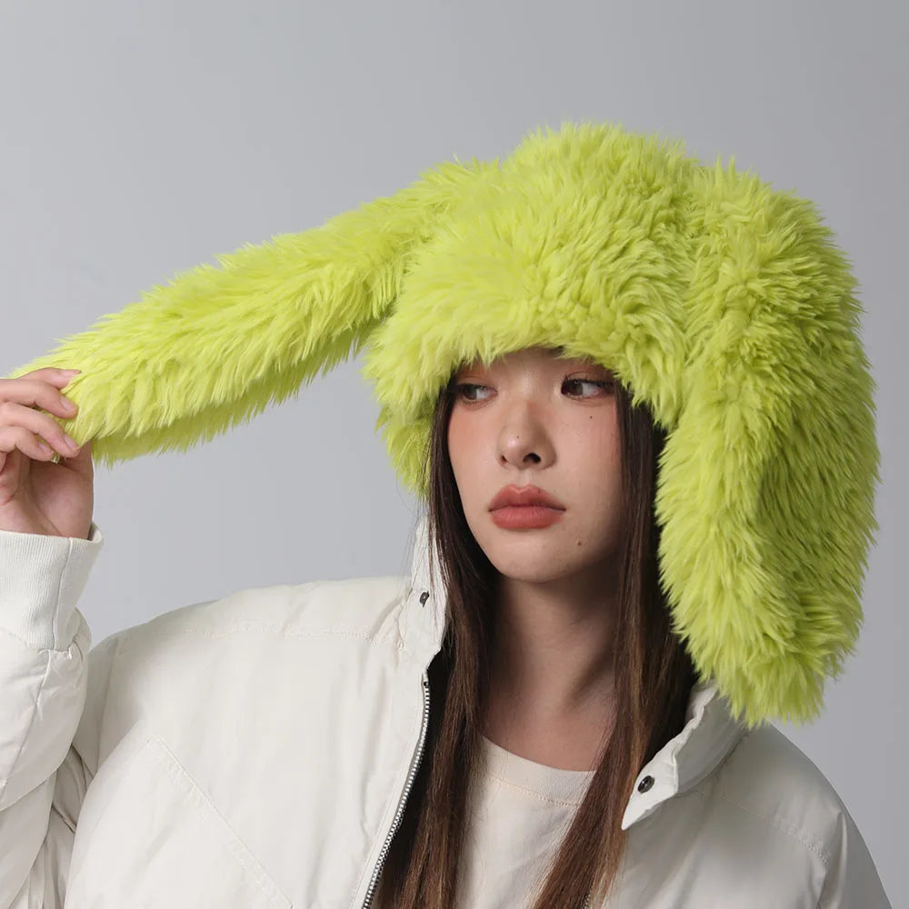 Women's Faux Fur Rabbit Ear Balaclava Hat - Bomber Ski Mask Beanie, Y2K Skullie & Halloween Accessory