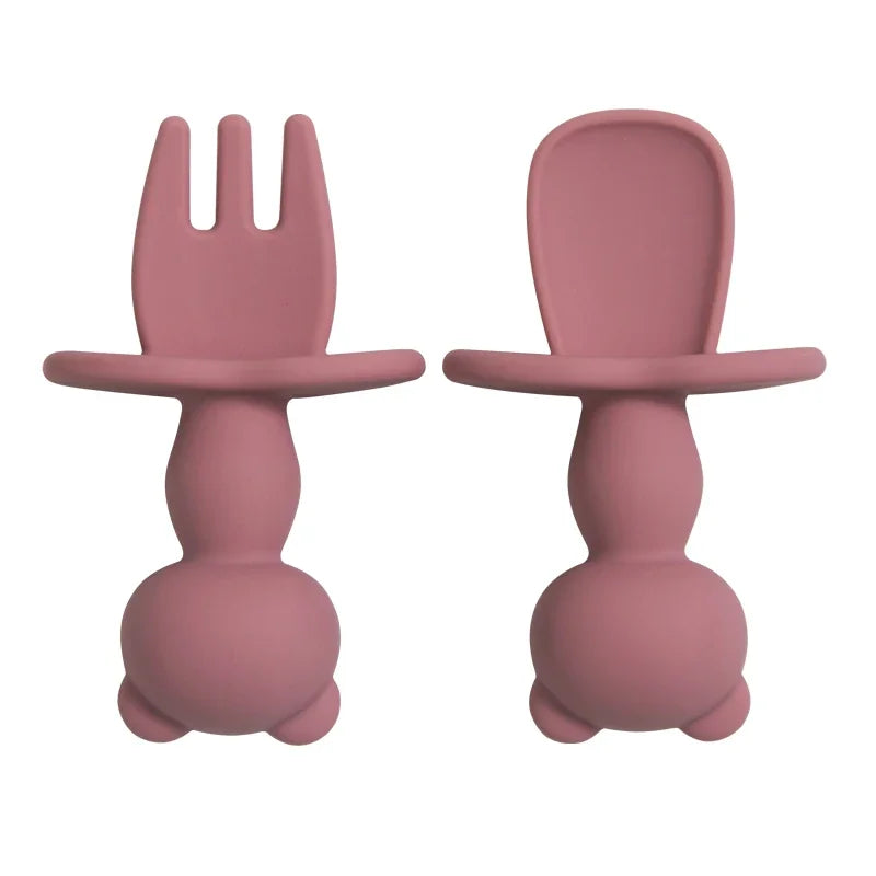 Food Grade Soft Silicone Baby Feeding Set – Cartoon Panda Mini Fork & Spoon for Toddlers – Safe Infant Training Utensils – Baby Accessories