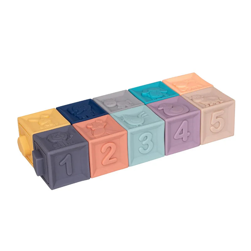 Baby Soft Touch Blocks – 3D Massage Rubber Vinyl Building Blocks, Montessori Bath Squeeze Toy for Kids