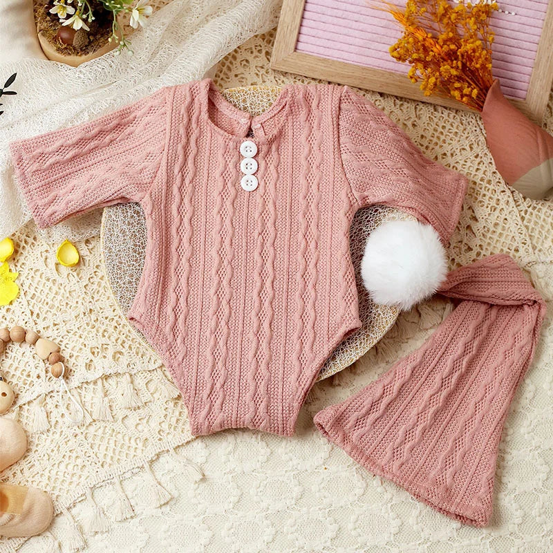Ylsteed 2-Piece Set Newborn Photo Shooting Clothes – Knitted Baby Boy Jumpsuit with Pompom Hat Infant Photography Props