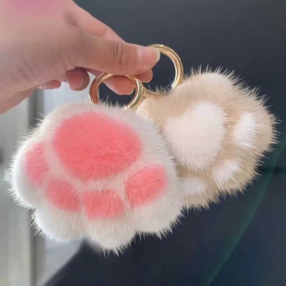 Fluffy Faux Fur Cat Paw Keychain, Plush Pendant for Backpack or Car