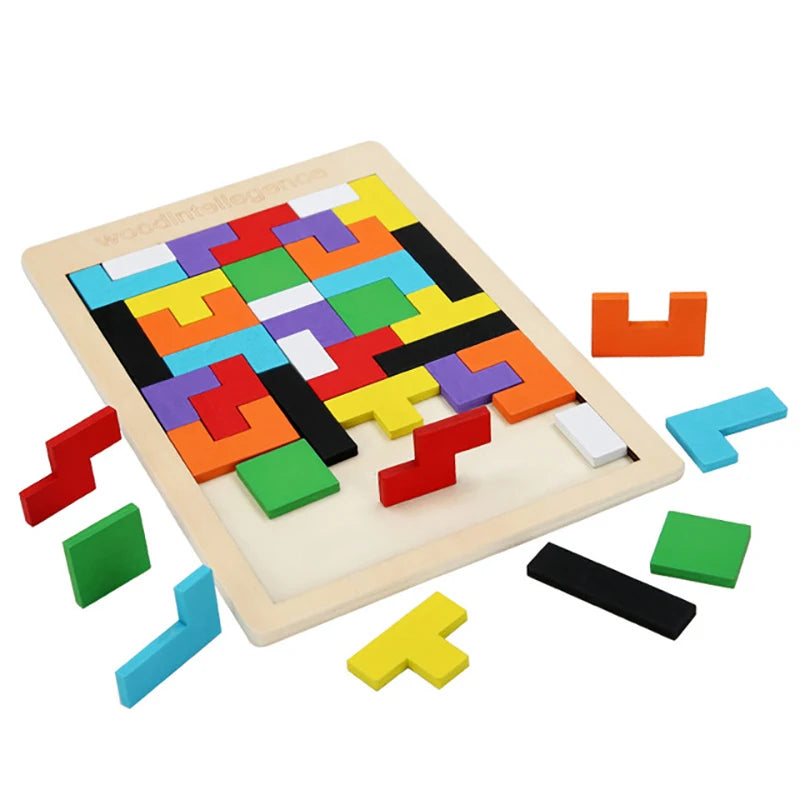 Wooden Blocks Puzzle, Brain Teasers Toy, Tangram Jigsaw, Colorful 3D Russian Blocks, Montessori Educational Toy