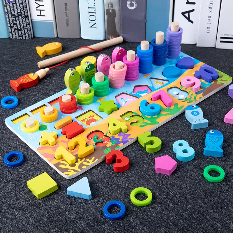 Montessori Wooden Math Toy – Busy Board with Counting, Shape, Color Matching, and Fishing Puzzle for Kids