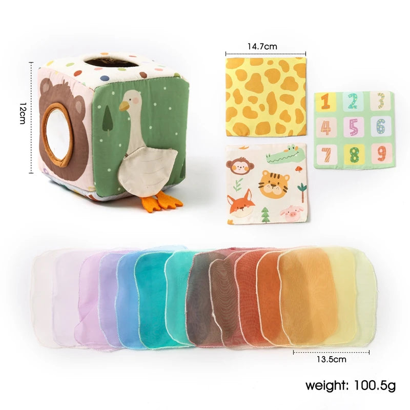 Baby Montessori Cotton Magic Tissue Box Toy – Finger Exercise Busy Board Game, Educational Soft Rattle Cloth Book Gift