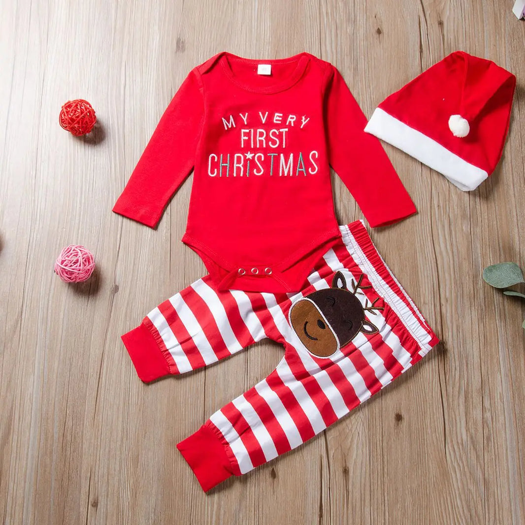 Newborn Baby Boy Christmas Outfit – Long Sleeve Letter Print Jumpsuit, Striped Pants & Hat Set