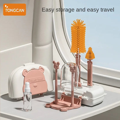 6-in-1 Bottle Cleaning Brush Set with Drying Rack, Silicone Bottle Brush, Straw Brush, Nipple Brush, Soap Dispenser & Storage Box