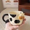 Magnetic 3D Cartoon Cow Head Ceramic Mug with Spoon — Tilted-Tail Coffee Cup, 1-Pack Gift for Kids & Couples