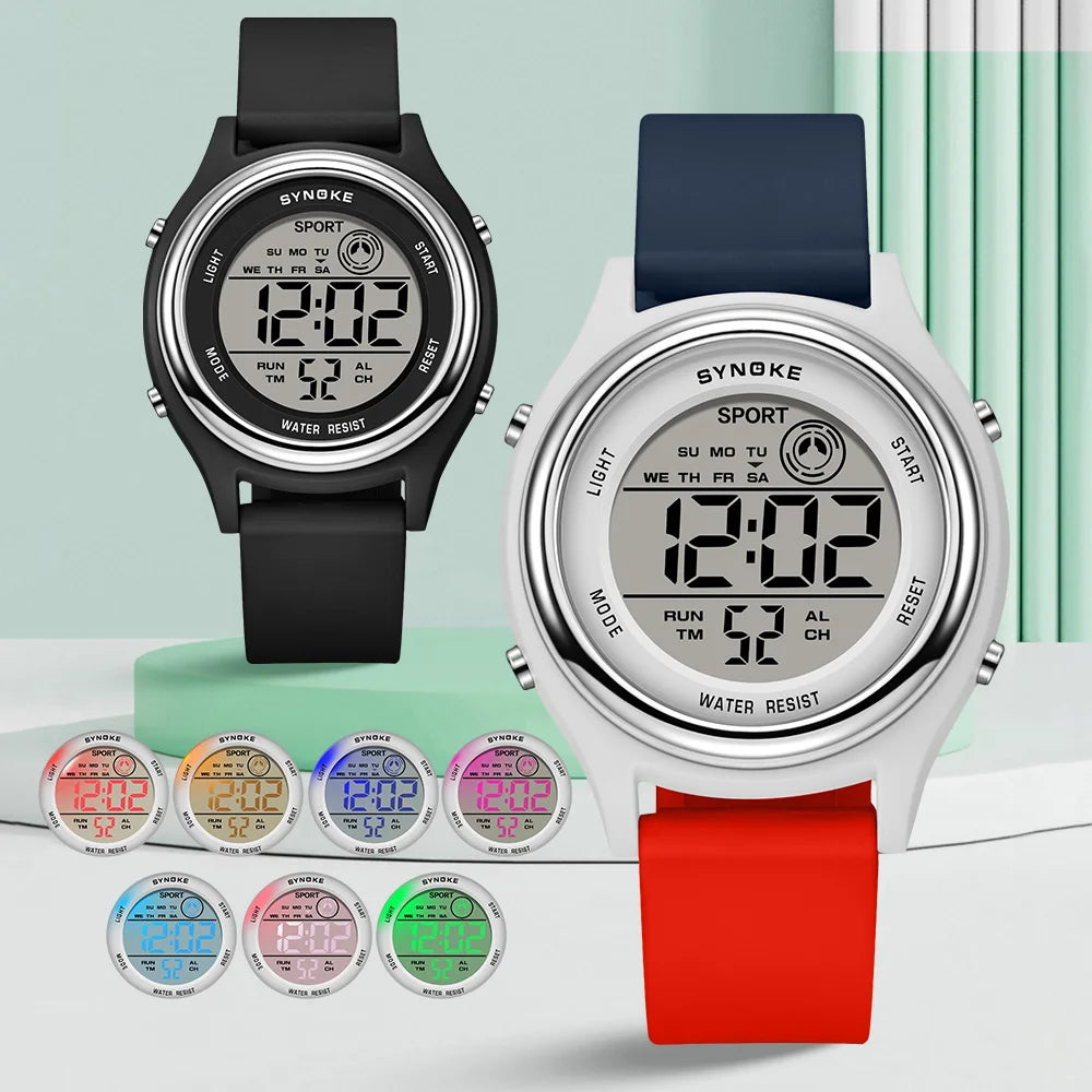 SYNOKE Colorful Children’s Seven-Light Sport Digital Watch Waterproof Shock-Resistant Electronic Watch for Kids and Students