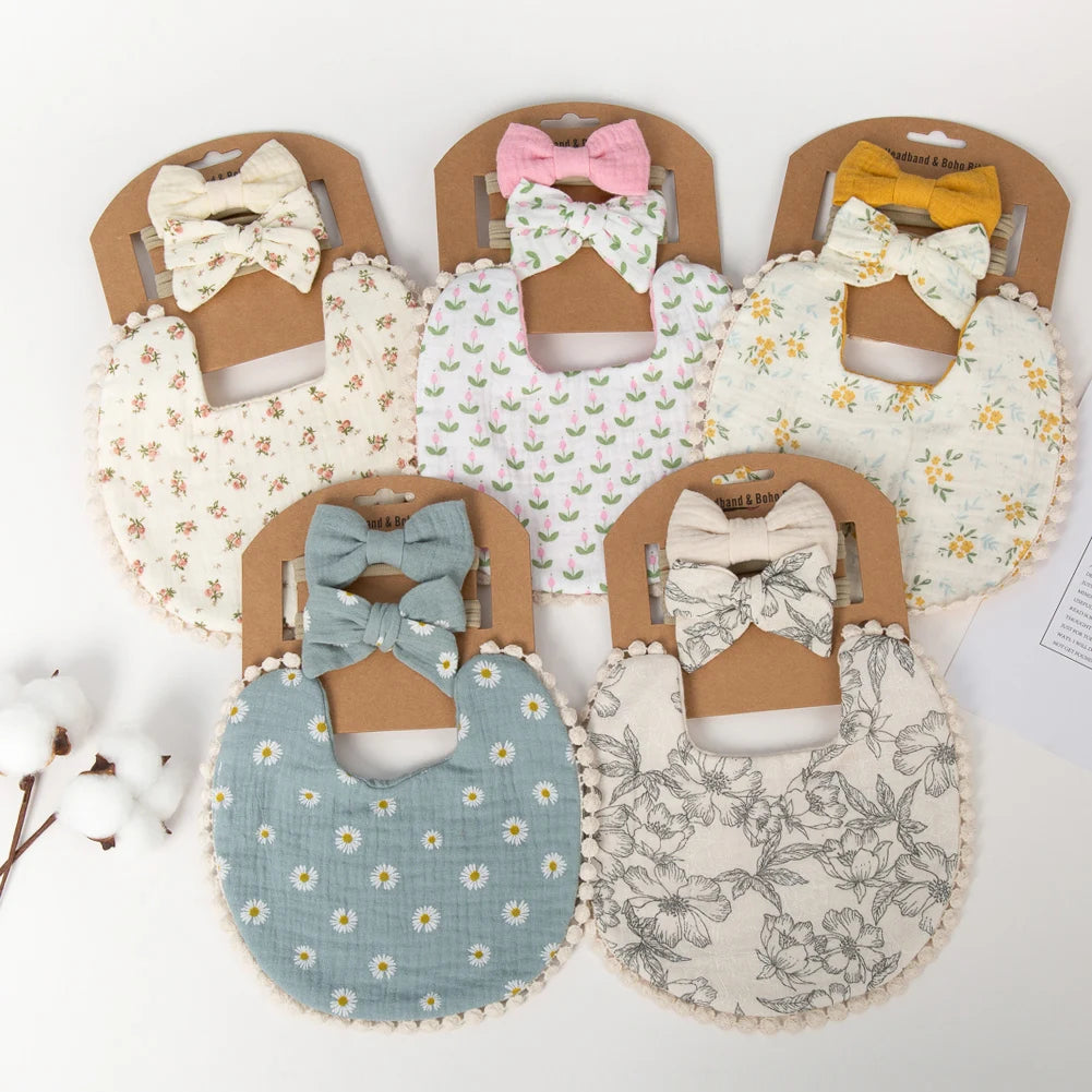 3-Piece Set – Baby Flower Bibs & Headbands, Bow Nylon Hairbands, Double-Side Saliva Towel & Feeding Burp Cloth for Boys & Girls - Kidzy Market