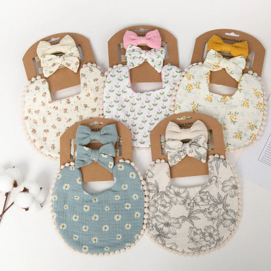 3-Piece Set – Baby Flower Bibs & Headbands, Bow Nylon Hairbands, Double-Side Saliva Towel & Feeding Burp Cloth for Boys & Girls - Kidzy Market