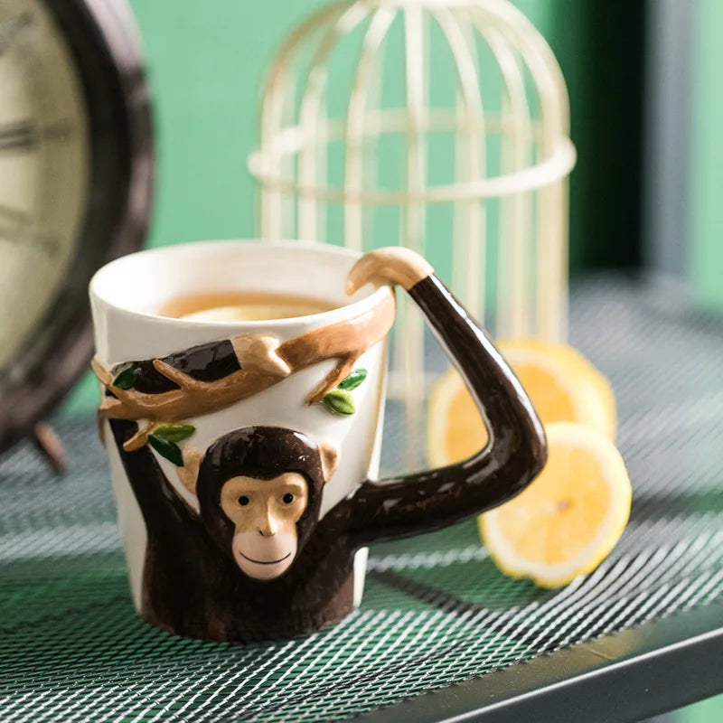 Cartoon Monkey Ceramic Coffee Mug — 310ml / 10.5 fl oz Irregular Kids Animal Cup with Handgrip